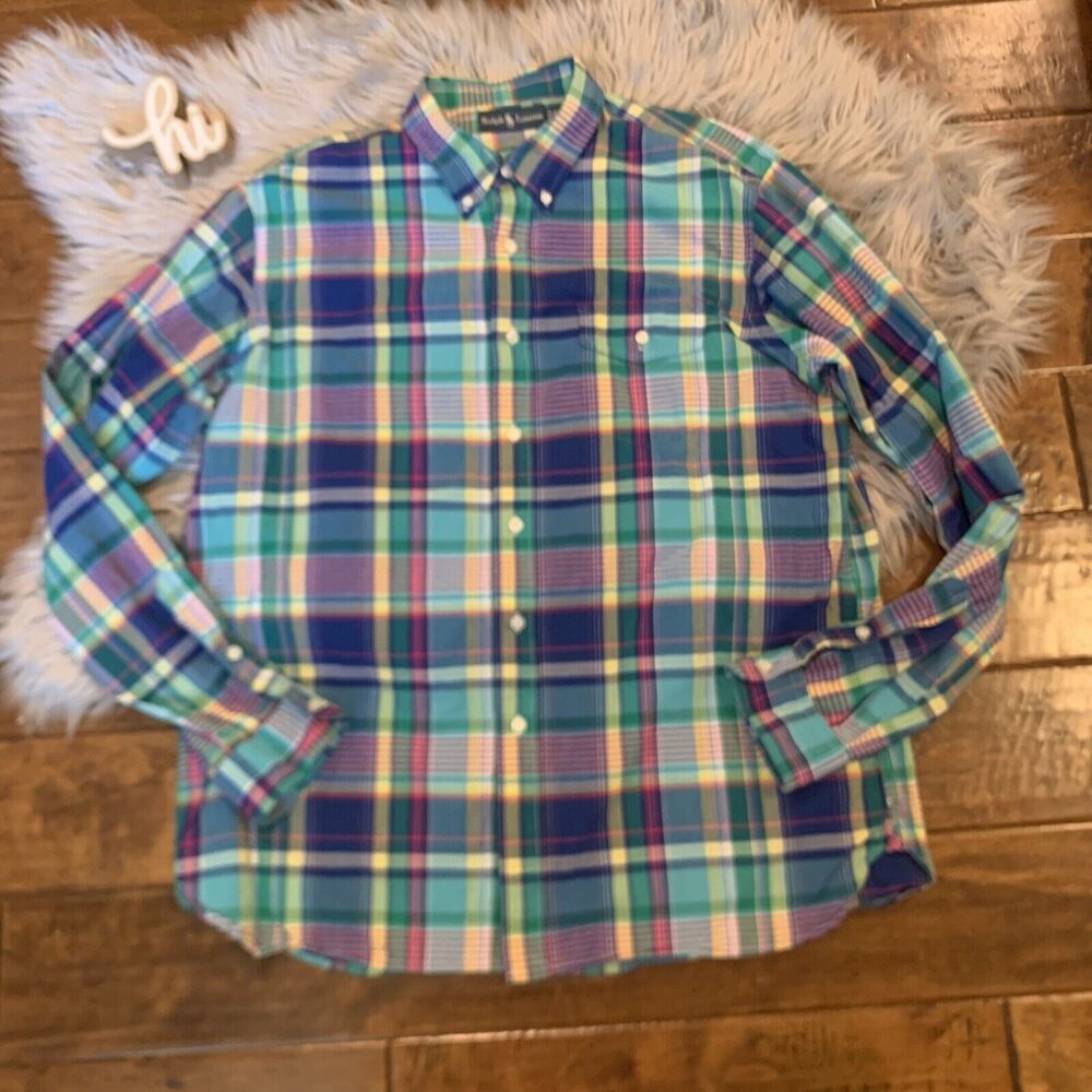 Polo Ralph Lauren Mens Shirt Size XL Blue Pink Green Yellow Plaid Cotton LS